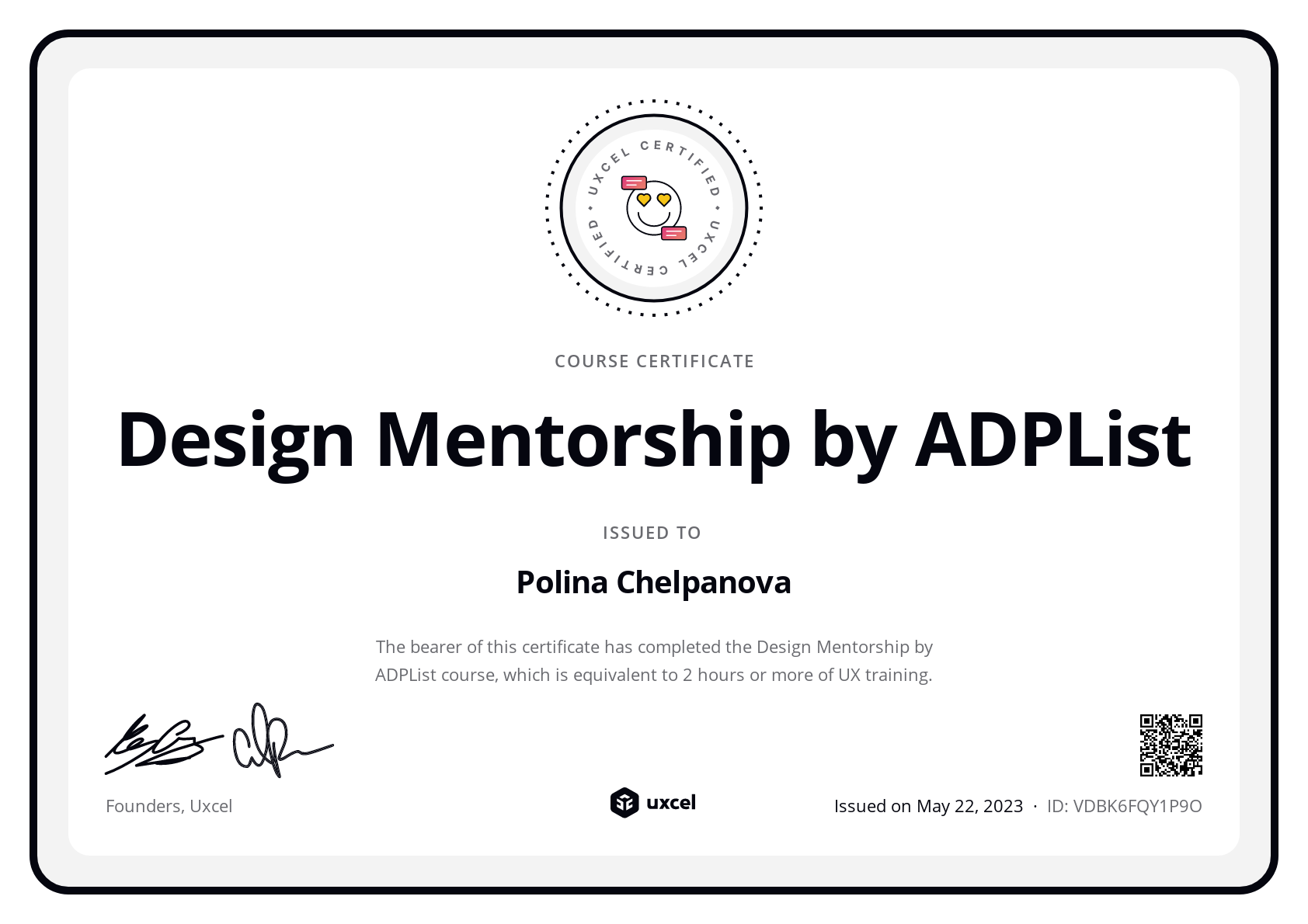 Polina Chelpanova's certificate